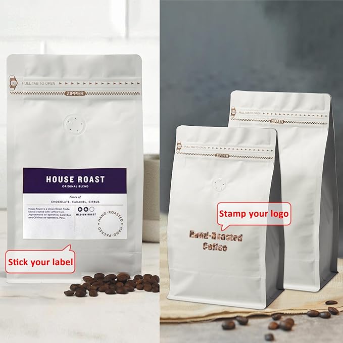 White Kraft Coffee Bags with Side Gusset, Resealable Stand-Up Coffee Pouches with Side Zipper, Degassing Valve for Coffee (Size: 3.75 x 7.25", 4oz/0.25lb, Pack of 50)