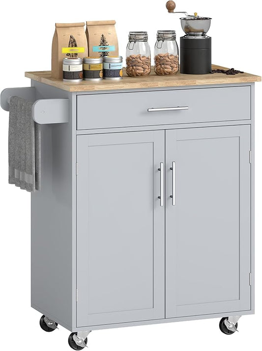 HOMCOM Kitchen Island Cart, Rolling Island Table with Solid Wood Top, Trolley Cart with Drawer, Storage Cabinet & Towel Rack, Gray
