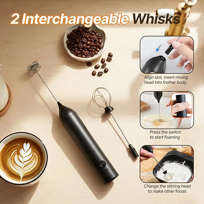 Handheld Milk Frother, Powerful Milk Frother for Coffee,Rechargeable Electric Frother with Stand,3-Speed Drink Mixer for Latte, Matcha, Protein Shakes, Hot Chocolate, Cappuccino, Egg Whisk