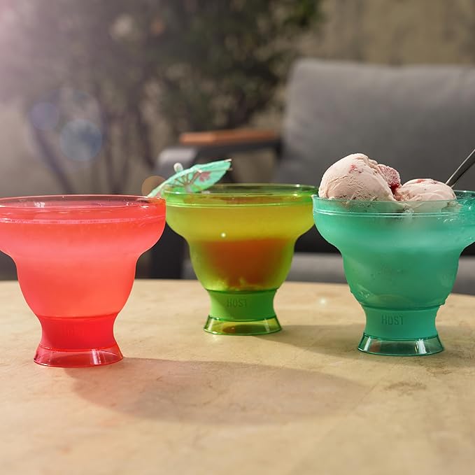 HOST FREEZE Margarita Cocktail Glasses, Frozen Cup Double Wall Plastic Margarita Glasses Drinking Set Modern Drinking Glasses 12oz Punch Pink Set of 2