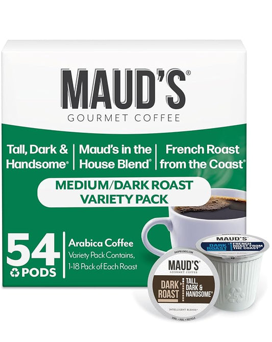 Maud's Dark Roast, Medium Roast & French Roast Coffee Pods Bundle, 54 ct, Single Serve Pods – 100% Arabica Coffee, Compatible with Keurig K Cups Maker