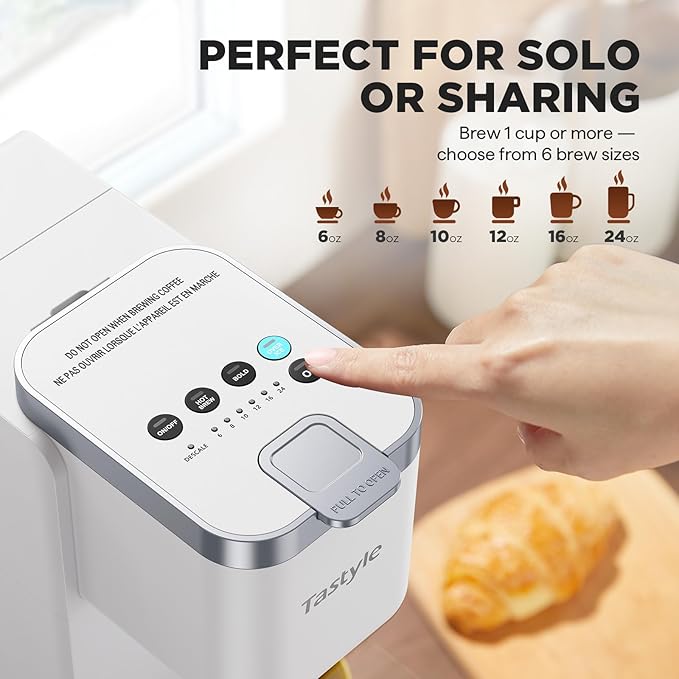 Tastyle Single Serve Coffee Maker, Iced and Hot Coffee Machine for K Cup & Grounds, Compact Design, 40oz Removable Water Reservoir, 6 to 24 Oz Brew Sizes, Fits 7.3" Travel Mug, White