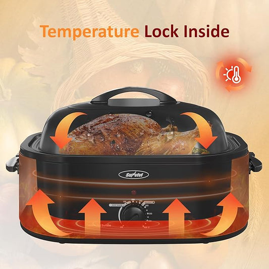 Sunvivi Electric Roaster,18 Quart Roasting Oven with Self-Basting Lid Removable Pan,Turkey Roaster Oven with 150 to 450F Temperature Control Cool-Touch Handles,Black