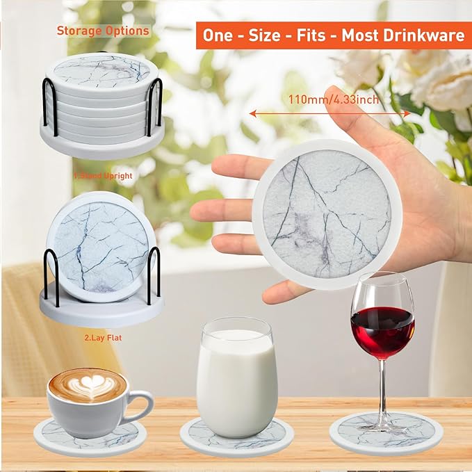 Set of 6 Non-Slip Silicone Coasters with Holder, Double-Sided Absorbent for Hot/Cold Drinks, Scratch & Water Ring Protection for Wood Tables, Home Office Bar, Black Gold Marble (White)