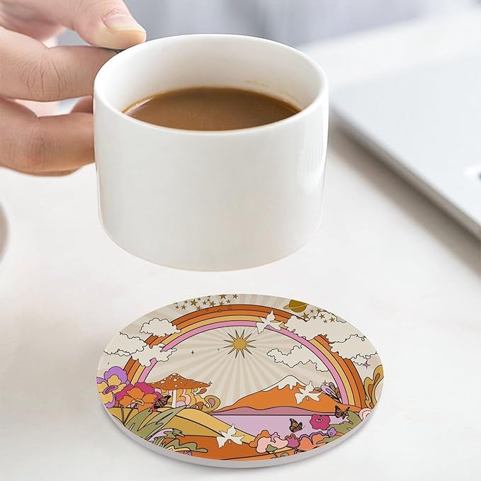 Round-4PCS Botanical Drink Coasters, Round Modern Ceramic Absorbent Coasters, Abstract Cartoon Colorful Mushroom Flower Butterfly Pattern Decor Desk Coffee Table Coaster for Beverage Cup Tea Coasters