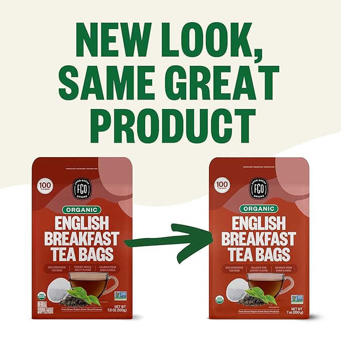 FGO Organic English Breakfast Black Tea, 100 Count, Eco-Conscious Tea Bags, Resealable Bag, Packaging May Vary (Pack of 1)