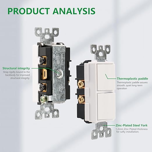 Wengart Rocker Combination Decorator Switch, 15A 120V, Dual 2-in-1 Space-Saving Light Switch with Screwless Wall Plate, Single Pole, UL Listed, White