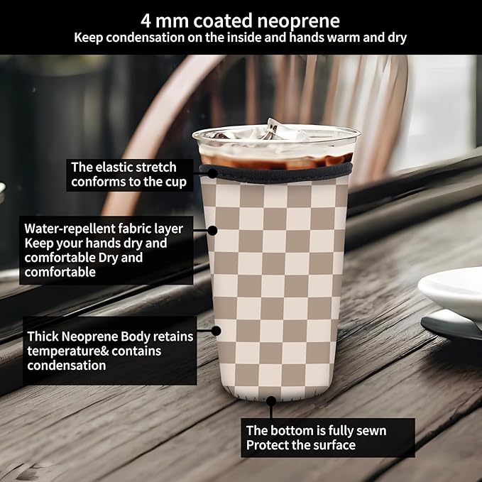 Reusable Neoprene Insulator Sleeve for Iced Coffee Cold Soda Cups, Cute Durable Drink Sleeve for Cold Beverages, Medium 22-28oz Cup Sleeve Cute Checkerboard