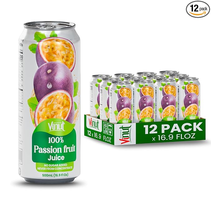 VINUT 100% Passion Fruit Juice, No Added Sugar, Not From Concentrate, 16.9 fl oz (500 mL) Can, Pack of 12