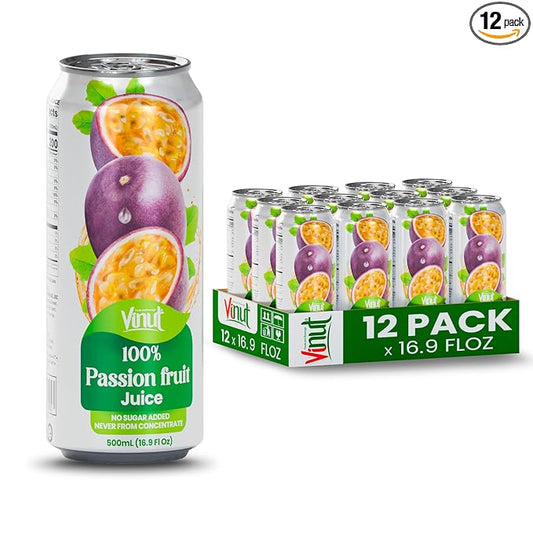 VINUT 100% Passion Fruit Juice, No Added Sugar, Not From Concentrate, 16.9 fl oz (500 mL) Can, Pack of 12