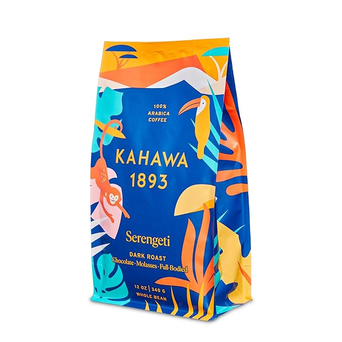 Kahawa 1893 Whole Bean Coffee Dark Roast Serengeti Blend 12 Oz - As Seen on Shark Tank, Low Acid, High Antioxidants, Naturally Sweet, Organically Grown, Ethically & Sustainably Sourced