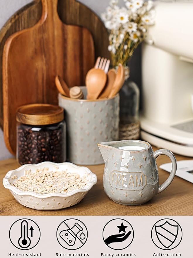 Creamer Pitcher,10 OZ Ceramic Creamer Pitcher with Handle for Milk, Sauces, Salad, Coffee, Farmhouse Kitchen Decor, Microwave & Freezer Safe (Vintage Grey)