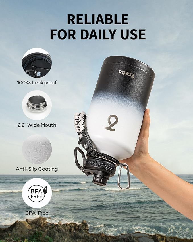 Trebo Water Bottle 64oz with Paracord Handle, Half Gallon Large Vacuum Double Wall Stainless Steel Insulated Water Jug with Holder Strap Straw Spout Lids, Leakproof Keep Cold & Hot,Black and white