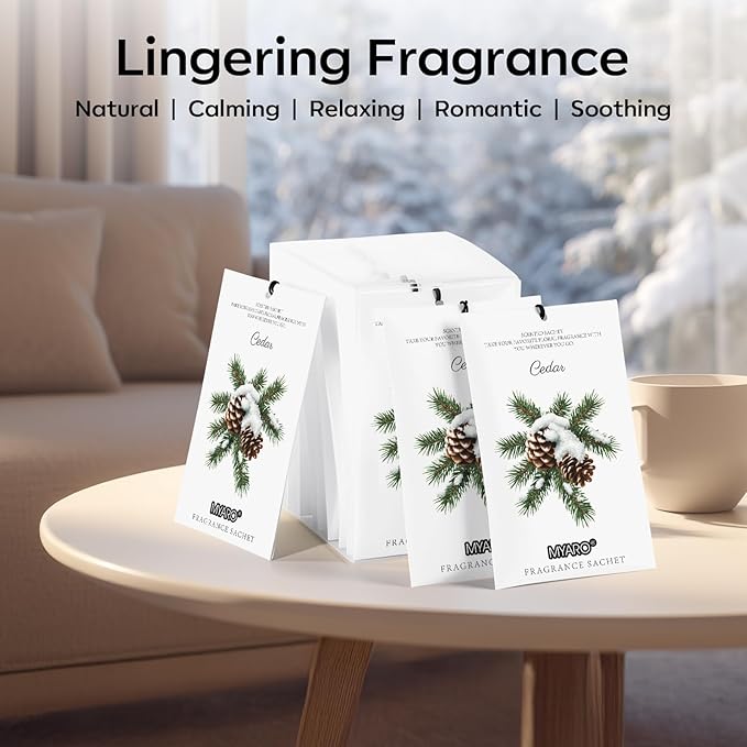 MYARO 12 Packs Cedar Scented Sachets for Drawer and Closet, Fresh Scents Drawer Deodorizers Long Lasting Air Freshener for Home Car House Fragrance
