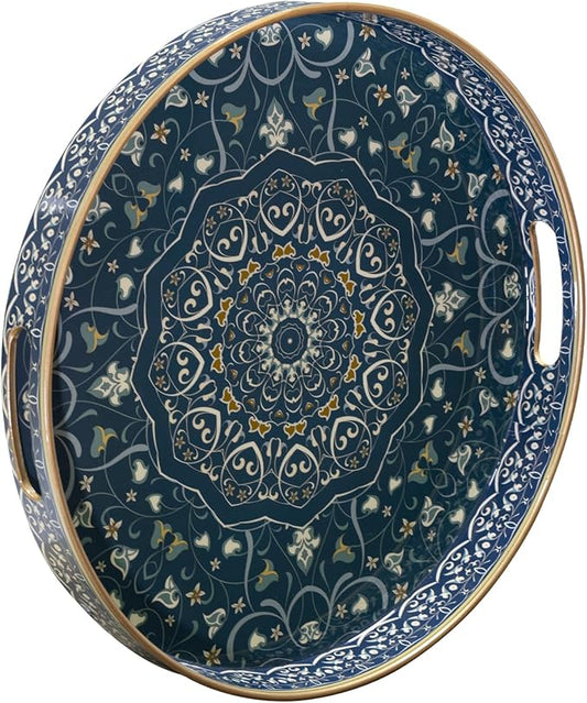 MAONAME Plastic Serving Tray with Handles, 13" Round Tray for Coffee Table, Dark Green Boho Decorative Trays for Ottoman, Living Room