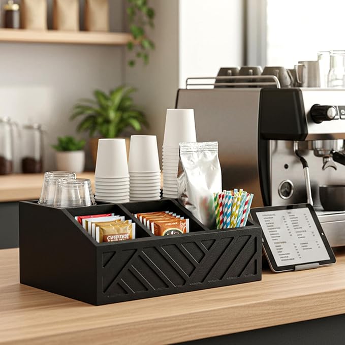 Kifmurase Black Coffee Station Organizer for Counter, Wood Coffee Pods Holder Storage Basket with 5 Compartments, Coffe and Tea Condiment Basket Storage Organizer, Farmhouse Bar Accessories Decor