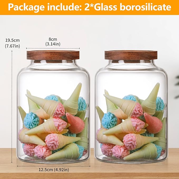 Large Glass Jar with Lid Set of 2, Glass Sugar Containers Kitchen Canisters Pantry Glass Food Storage Container for Candy Coffee Bean Cereal Flour Cookies (67oz(2000ml)-2 pack)