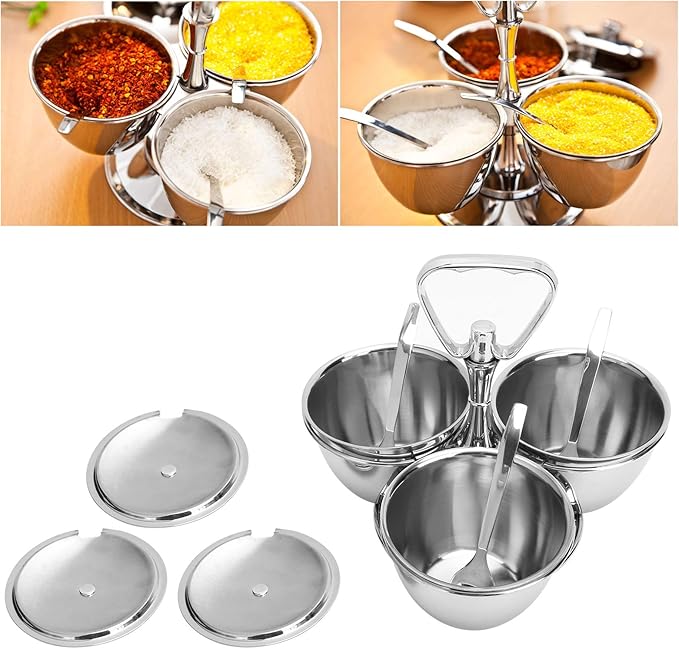 Stainless Steel Sugar Bowl, Seasoning Jar Container, Rotating Condiment Jar Rack Set with Cover for Kitchen Countertop Cabinet