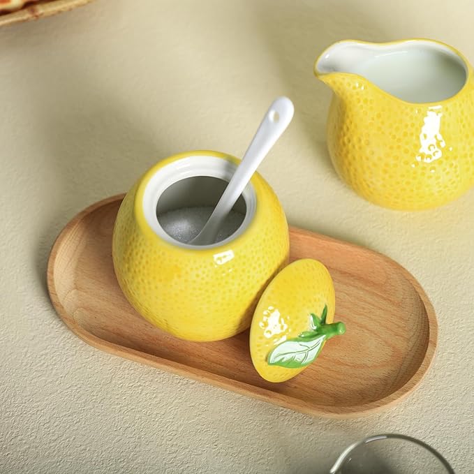 CHOOLD Ceramic Lemon Shape Creamer and Sugar Bowl Set, Cream Pitcher, Sugar Bowl with Lid, Coffee Serving Set