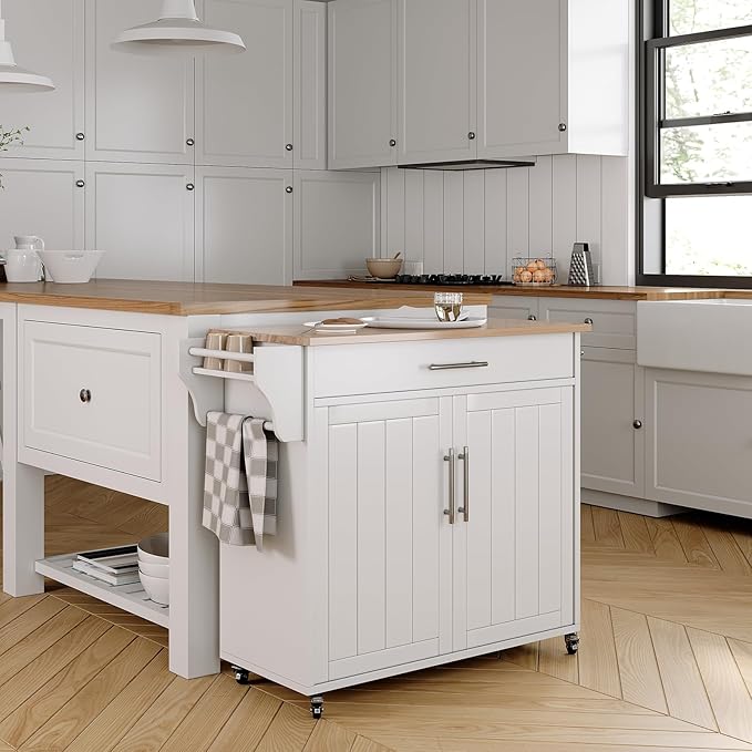 Kitchen Island with Storage, Wooden Rolling Kitchen Island On Wheels with Wood Top, Mobile Kitchen Bar Cart Cabinet with Towel Rack, Spice Rack and Drawers, White
