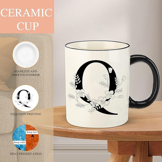 Monogram Ceramic Coffee Mugs, 11 oz Initial Drinking Cup with Gift Box, Unique Birthday Christmas Gifts for Women Wife Mothers Day Grandma Mom Aunt, Q