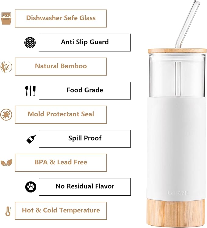 Premium 20oz Glass Tumbler Cup with Straw and Bamboo Lid & Base with Protective Silicone Sleeve - BPA Free - Growler Water Bottle Reusable Drinking Glasses Cup for Iced Tea, Coffee, Smoothie - White
