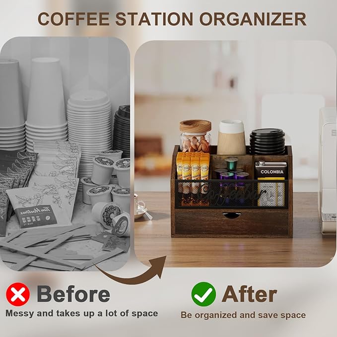 YINMIT Coffee Station Organizer with Drawer for Countertop, Wood Coffee Bar Organizer with Removable Dividers for Pods, Syrup, Cups, Stirrer, Office Bar Accessories (Iron Mesh-Vintage Brown, 2 Tier)