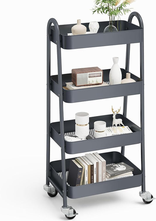 OLIXIS 4 Tier Utility Rolling Cart, Metal Mobile Storage Shelf with Lockable Caster Wheels, Organization for Livingroom, Bathroom & Narrow Places, 4-Tier Gray