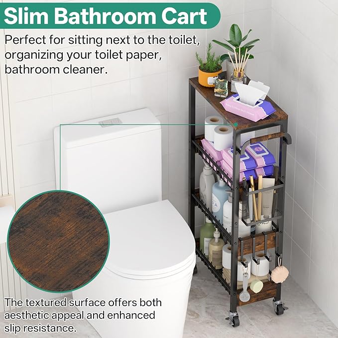 Slim Bathroom Storage Cart, 4 Tier Small Rolling Organizer Cabinet with Wood Top Handle, Mobile Shelving Unit Slide Out for Office, Kitchen, Laundry Room & Narrow Places (9.1" Overall Width)