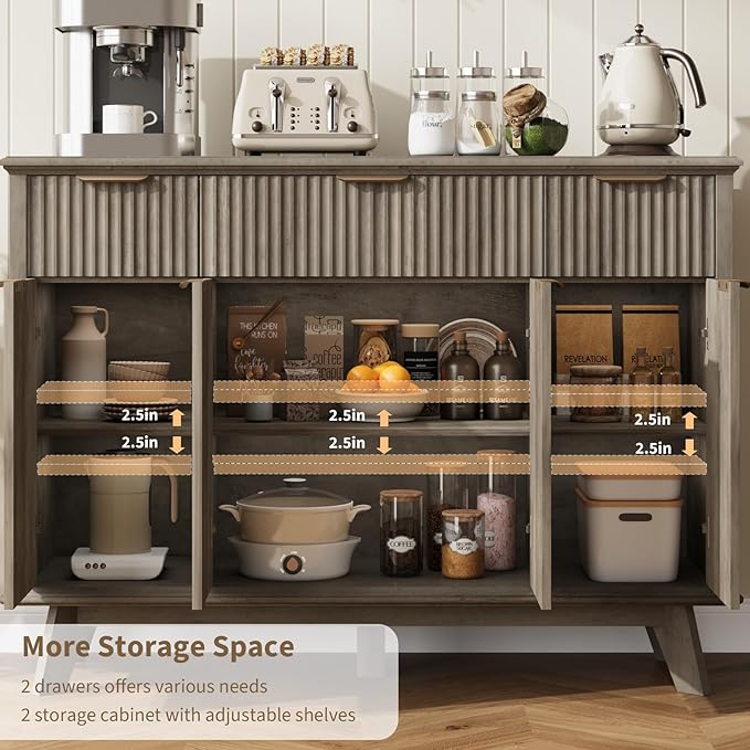 QUW Fluted Sideboard Buffet Cabinet with Charging Station, 47.2" Kitchen Storage Cabinet with Drawers and Adjustable Shelves, Modern Coffee Bar Kitchen Table for Dining Room, Living Room, Grey