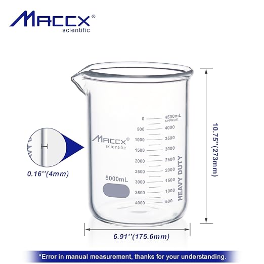 170oz(5000ml) Sturdy Glass Beaker, Heavy-Duty 5L Lab Beakers，3.3 Borosilicate Low Form with Printed Graduation, BKL5K0-001