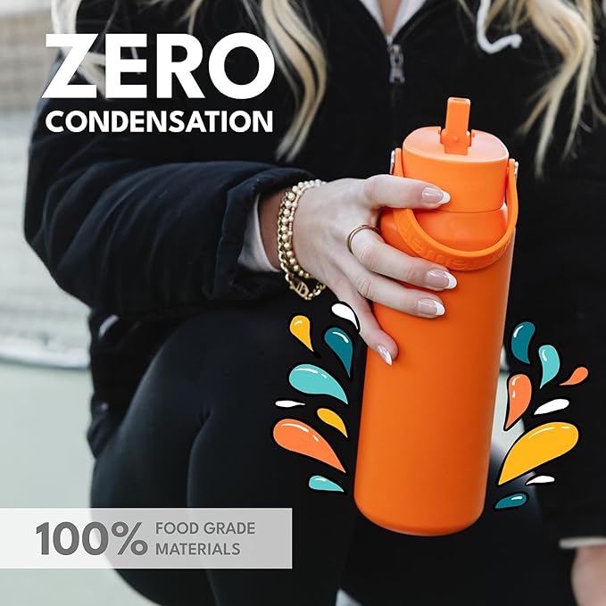 Elemental 40oz Insulated Water Bottle with Straw - 100% Leak-Proof Stainless Steel Core Water Bottles for Travel, Sports and Gym - Double Wall Insulation & BPA Free - Orange