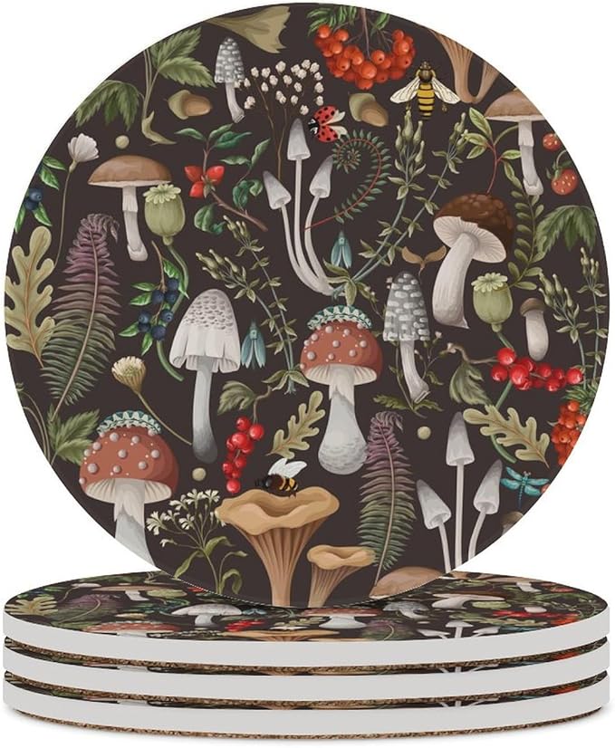 Round-4PCS Botanical Ceramic Coasters, Round Absorbent Drink Coasters, Vintage Cartoon Abstract Botanical Mushroom Plants Pattern Ceramic Table Coasters for Coffee, Beverage, Wine, Beer Coasters