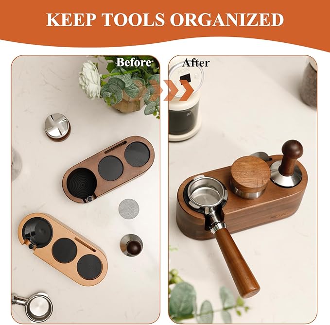 MOJAE Espresso Tamping Station, 3in1 Tamper Station, Wooden Espresso Tamper Holder, Portafilter Holder with Anti Slip Bottom, 3 Holes for Coffee Tamper,Distributor and Portafilter (Walnut, 51-54mm)