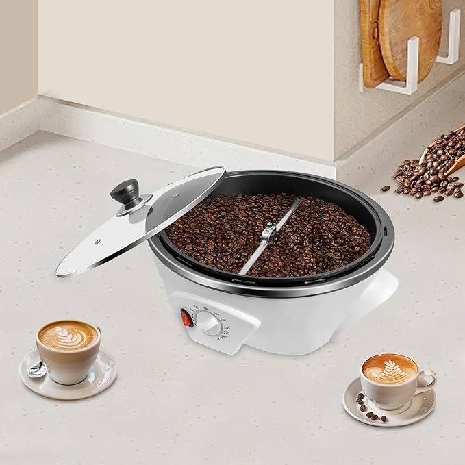 Electric Coffee Roaster Machine 800W 110V, 1.1lbs Large Capacity Coffee Bean Roaster for Home & Café, Adjustable Temp 32-464℉, Non-Stick Pan with Glass Lid, Household Coffee Bean Baking Machine