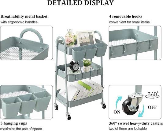 danpinera 3-Tier Rolling Cart, Utility Cart Mobile Metal Rolling Storage Cart with Lockable Wheels & Hanging Cups & Hooks for Kitchen, Bathroom, Office, Workshop, Gray Blue