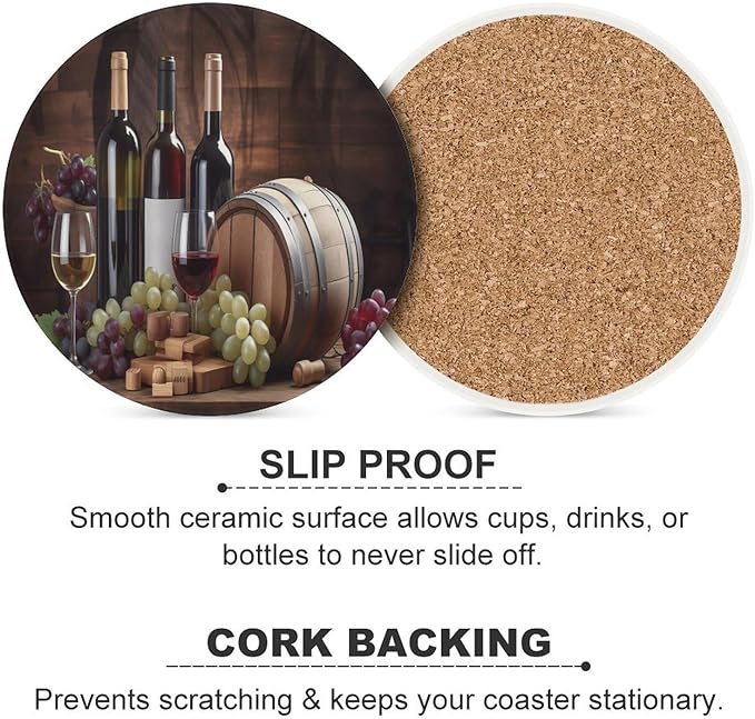 Red Wine Drink Coasters, Round Ceramic Drink Coaster Round-6PCS, Vintage Wood Style Red Wine Fruit Grapes Fruit Barware Decor Absorbent Ceramic Coasters for Beverage Cup, Bar, Coffee Table