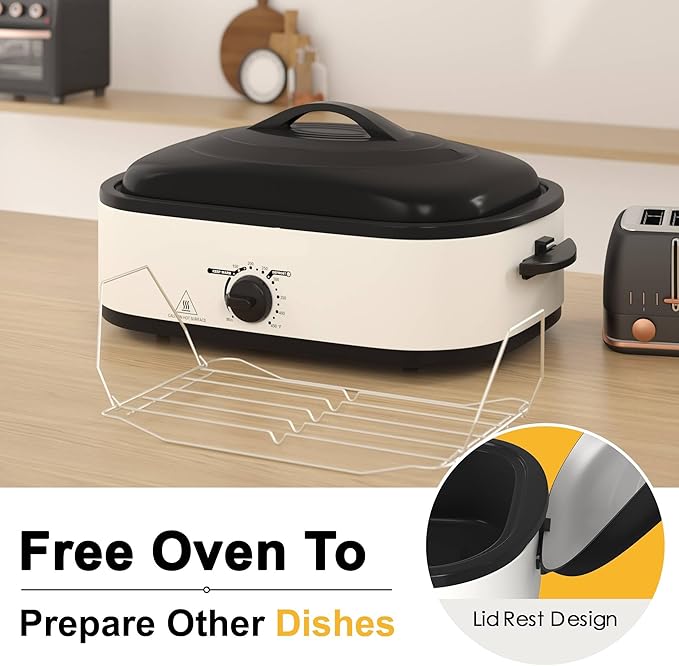 14 Quart Electric Roaster Oven, Turkey Roaster Oven with Self-Basting Lid, Stainless Steel Roaster Pan, White