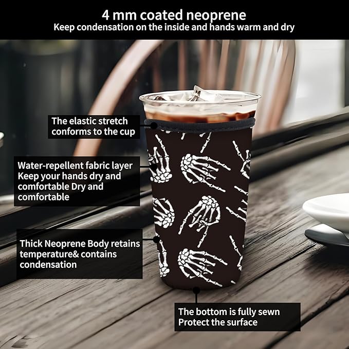 Reusable Neoprene Insulator Sleeve for Iced Coffee Cold Soda Cups, Cute Durable Drink Sleeve for Cold Beverages, Medium 22-28oz Cup Sleeve Cool Skull Finger
