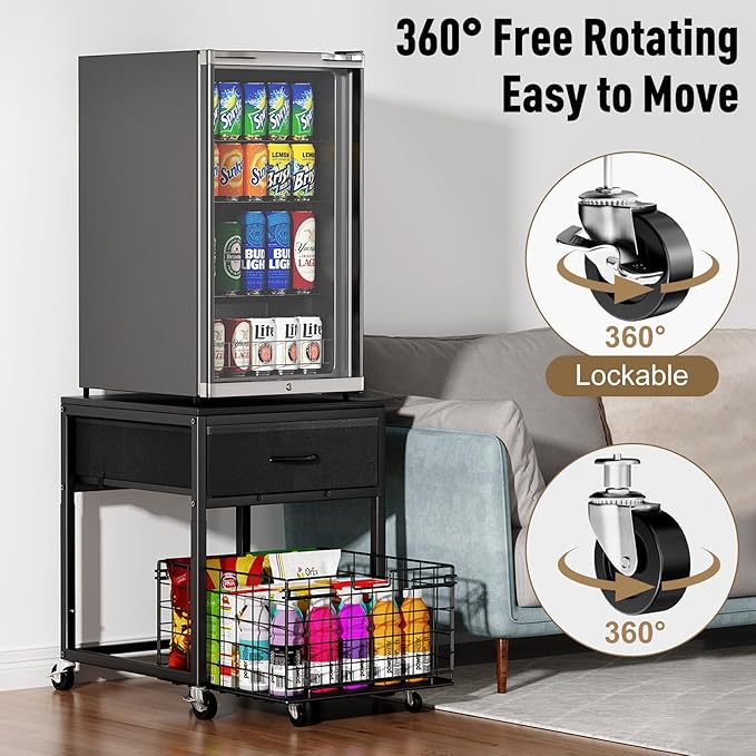 Housolution Mobile Mini Fridge Stand with Storage, Height-Adjustable Mini Beverage Fridge Table, Coffee Bar, 200 lbs Heavy-Duty Compact Refrigerator Shelf with Rolling Cabinet for Kitchen Home, Black