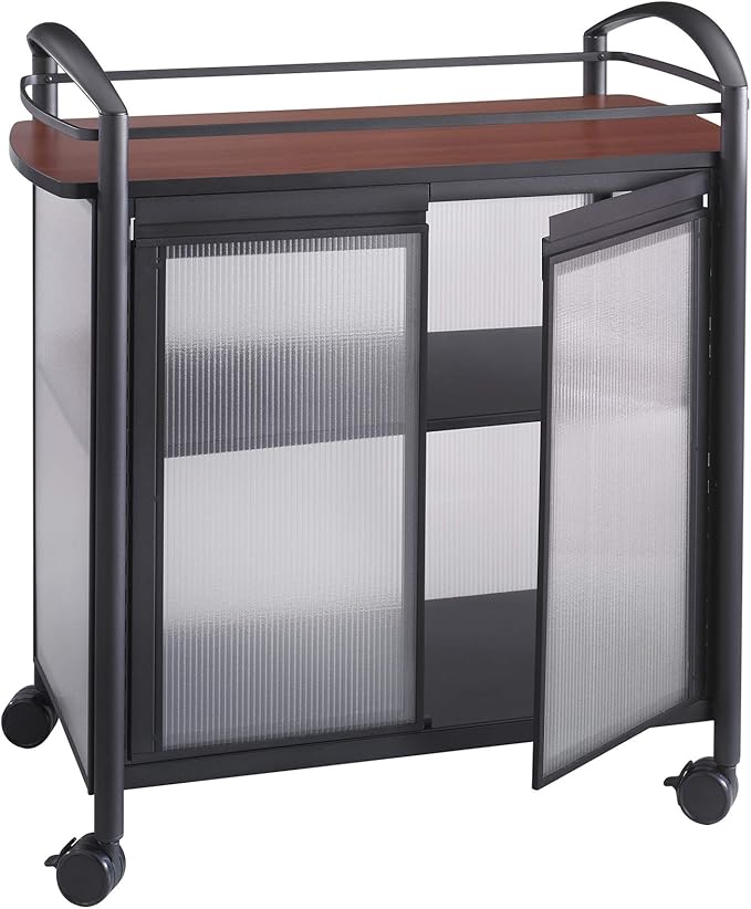 Safco Impromptu Refreshment Cart, 200 lbs. Capacity, Double Doors, Swivel Wheels, Cherry Top, Black Frame