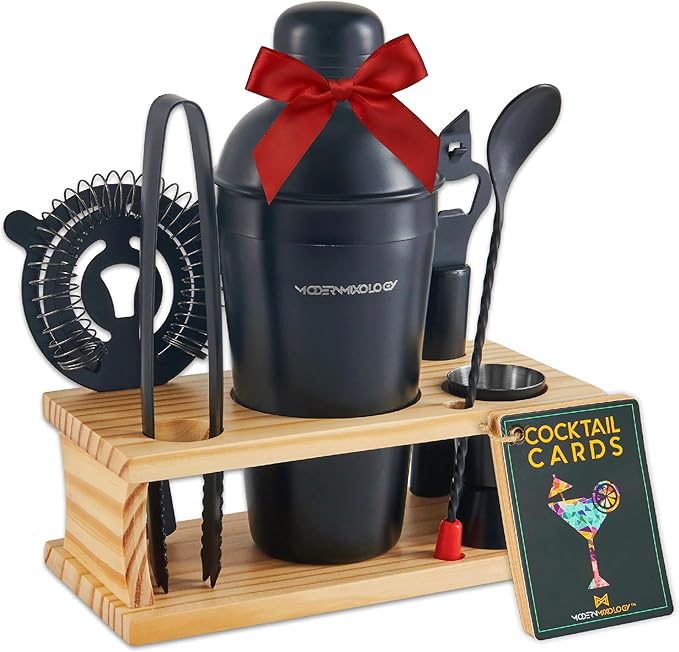 Modern Mixology Cocktail Shaker Set - 8 Piece Bartender Kit on Quality Pine Stand | Complete Cocktail Kit Gift Set | Top Bartender Gifts for Men | Leak Proof Design (Black)