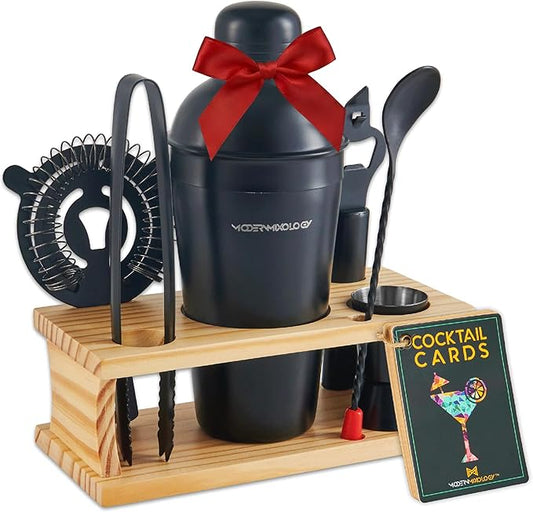 Modern Mixology Cocktail Shaker Set - 8 Piece Bartender Kit on Quality Pine Stand | Complete Cocktail Kit Gift Set | Top Bartender Gifts for Men | Leak Proof Design (Black)