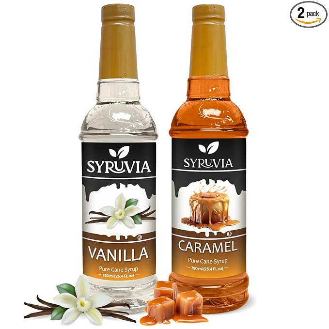 Syruvia Coffee Syrup Variety Pack - Vanilla & Caramel- Gluten-Free, Kosher, 25.4 fl oz Bottles - Enhance Your Coffee Experience with Premium Flavoring Syrups