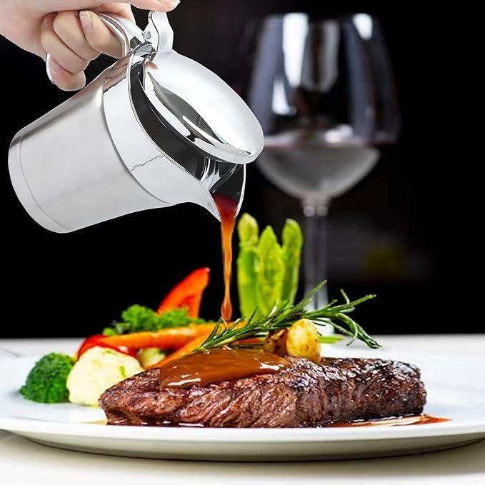Double Insulated Gravy Boat, 18/8 Stainless Steel Sauce Jug Gravy Boat with Hinged Lid - Ideal for Gravy or Cream at Thanksgiving, Halloween, Christmas, Dishwasher safe (450ML/16 OZ)