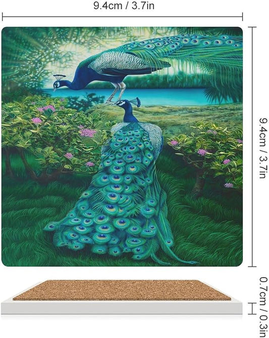 Square-6PCS Peacock Ceramic Coasters, Square Absorbent Drink Coasters, Vintage Tree Branch Beautiful Plant Floral Green Peacock Ceramic Table Coasters for Coffee, Beverage, Wine, Beer Coasters