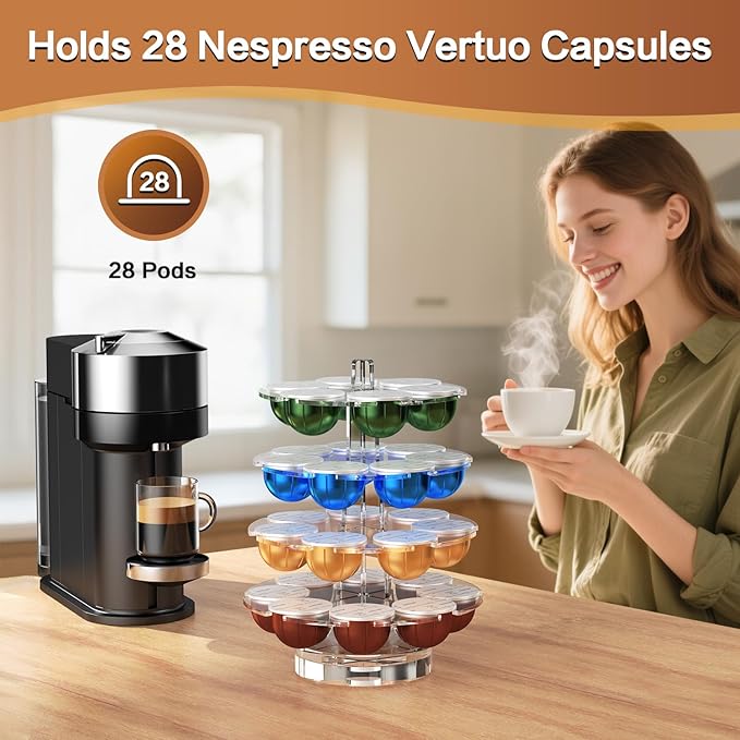 Coffee Pods Holder Acrylic Carousel Stand Compatible with 28 Nespresso Vertuo Capsules And Dolce Gusto Capsules Storage Organizer for Small Countertop