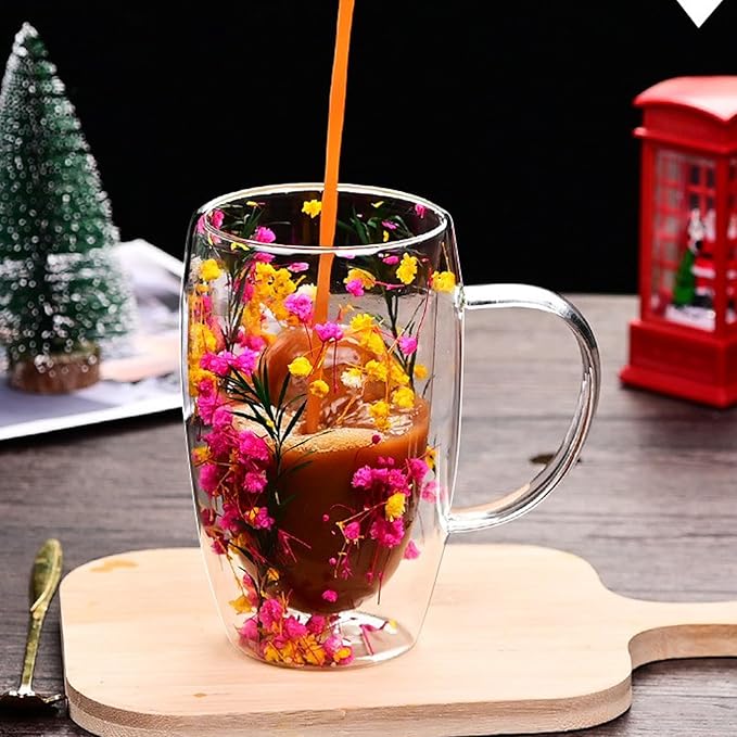 Creative Flowers Double Wall Clear Glass Coffee Mug with Handle, Aesthetic Dried Flowers Coffee Mug, Clear Double Insulated Glass Cup for Hot and Cold Beverages, Cappuccino, (D)