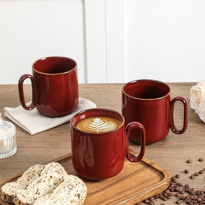 vicrays Ceramic Coffee Mug Set - 18 Ounce Large Stoneware Mug for Men Women - Unique Glazed Porcelain Mugs with Handle for Coffee Latte Tea Milk Cocoa - Set of 4 (Cherry Red)