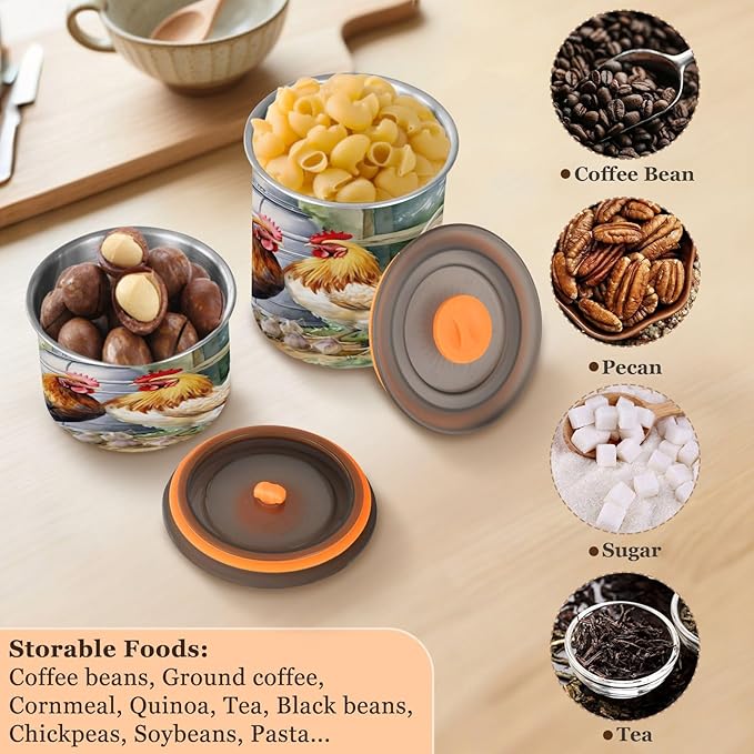 YETTASBIN Rooster Airtight Food Storage Containers 500ml/19oz, Stainless Steel Coffee Canisters with Vacuum-Lock Lid for Kitchen Organization, Coffee Bean, Tea, Sugar, Flour